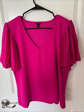 Ann Taylor Fuchsia V-Neck Blouse with Pleated Flutter Sleeves